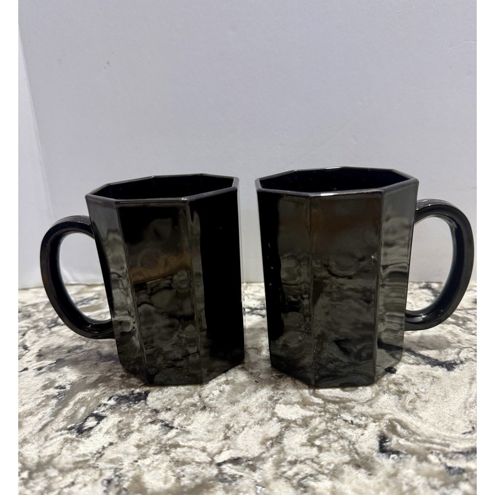 Arcoroc France OCTIME Black Glass Octagon Set Of 2 Coffee Mugs Cups France